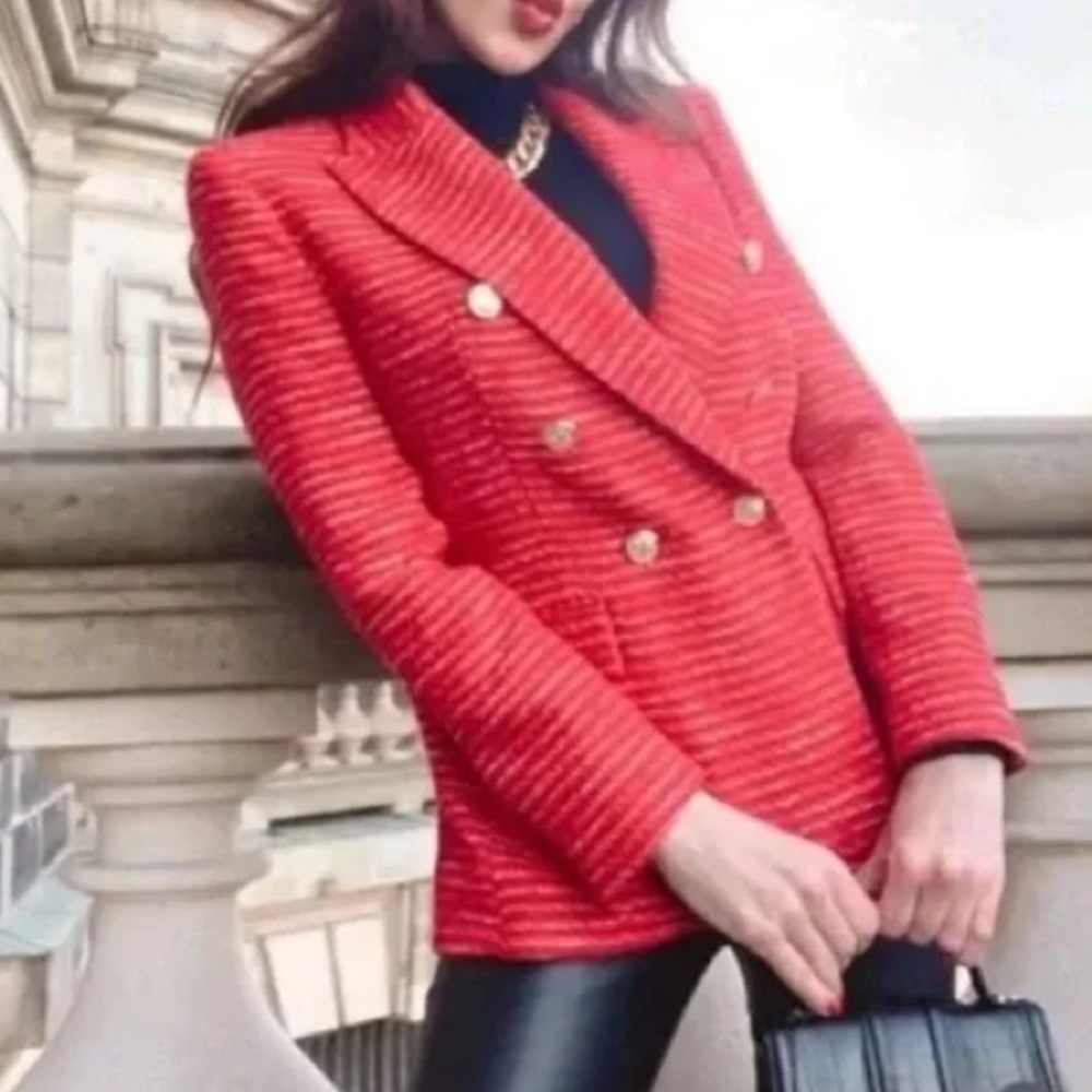 Zara Red Tweed Texture Weave Double Breasted Blazer Womens XS